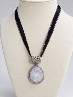 Sterling (925) Silver Teardrop Druzy Pendant Necklace with Black Ribbon